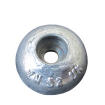 Round zinc anode for a boat hull, rudder or trim tab
